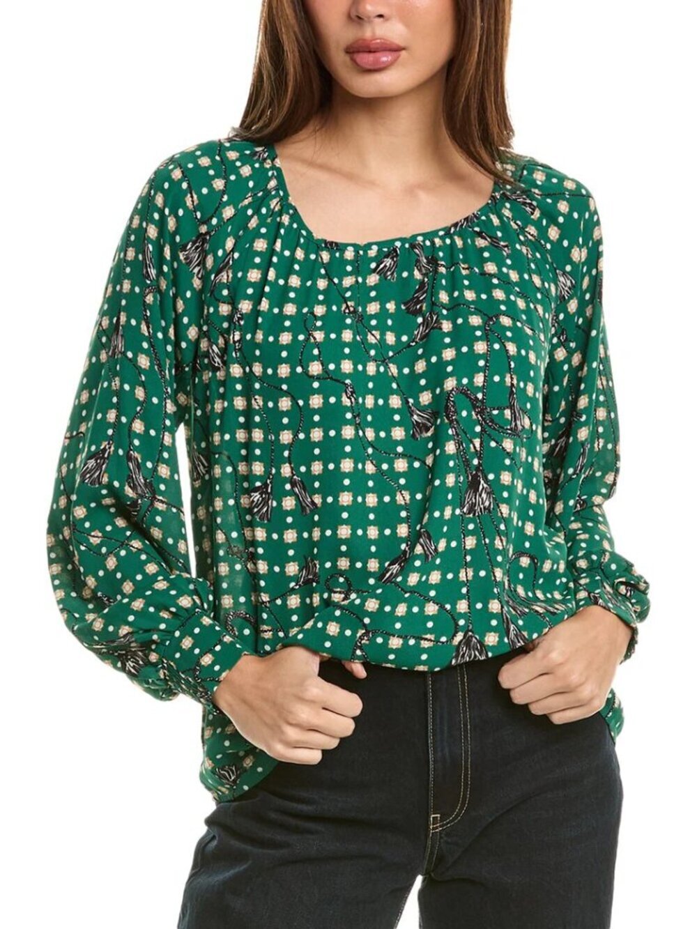 Cabi Voyage blouse top shirt green tassel long sleeve smocked cuffs new X-Small